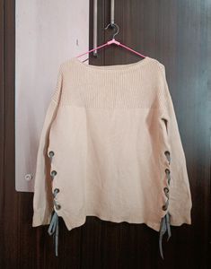 Cream Lace-Up Sweater