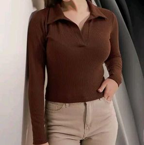 Brown Ribbed Collared Long Sleeve Top