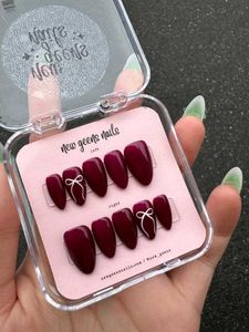 Burgundy Press-On Nails with Bow Accent