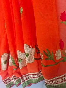 Vibrant Orange Floral Saree