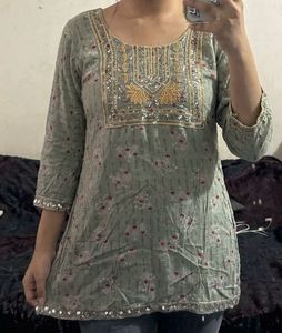 Olive Green Embroidered Short Kurti