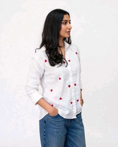 White Shirt with Red Heart Embroidery