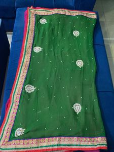 Elegant Heavy Green And Pink Embellished Saree