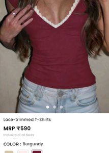 savana y2k Maroon V-Neck Top with Lace Trim