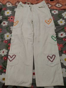 White Cargo Pants with Heart Embroidery