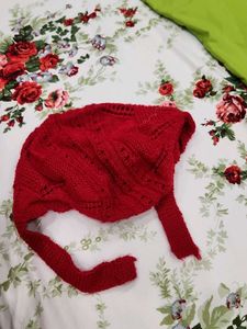 Hand-knitted Red Beanie with Ties
