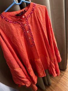 Coral Striped Embroidered Tunic