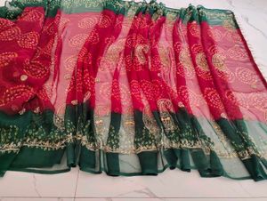 Stunning Red &amp; Green Embroidered Saree