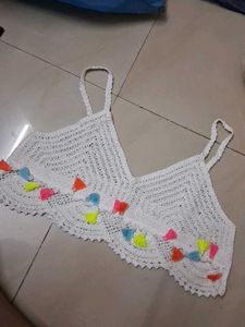 White Crochet Tassel Bralete
