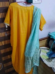 Yellow Kurta Set with Blue Dupatta