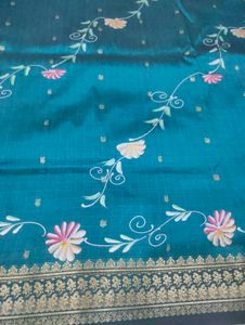 Teal Floral Silk Saree