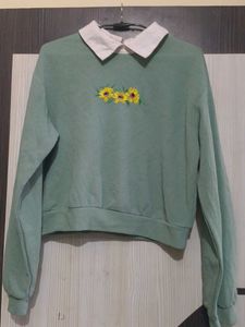 Cute Sunflower Embroidered Collared Sweatshirt