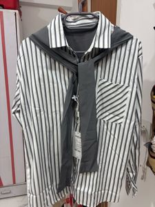 Striped Button-Up Shirt with Scarf Detail