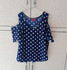 Blue Polka Dot Cold Shoulder Top