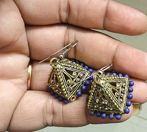Antique Gold Jhumka Earrings with Blue Beads