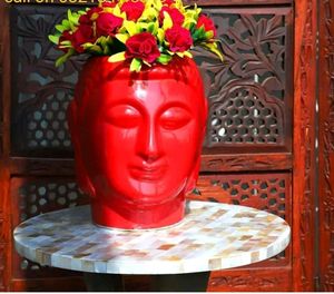 15" large Red Buddha Head Planter | Zen Home Decor