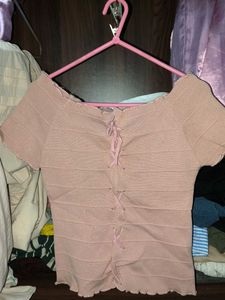 Cute Pink Lace-Up Off-Shoulder Top