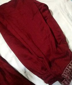 Maroon Kurta Set with Embellished Neckline