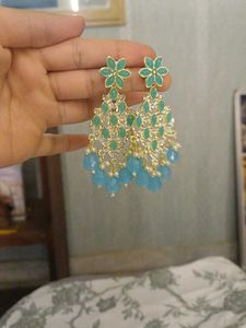 Aqua &amp; Gold Tone Dangle jhumka Earrings
