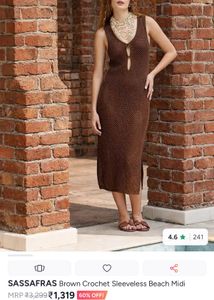 Brown Crochet Sleeveless Beach Midi Dress