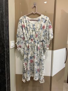 Floral Print Kaftan Dress with Lace Trim