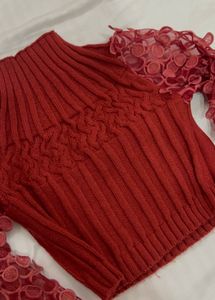 Chic Red Ribbed Knit Top with Lace Sleeves