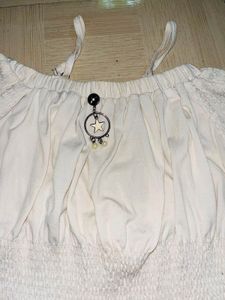 Off-Shoulder Smocked Cream Crop Top