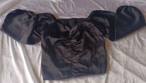 Black Satin Ruched Puff Sleeve Top