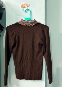Brown Ruffle Neck Long Sleeve Top