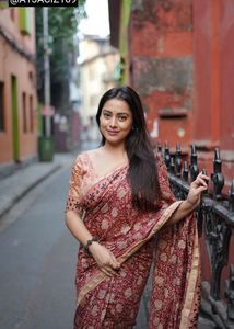 Elegant Ajrakh Printed Red Saree