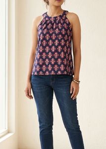 Navy Blue Floral Print Kurta ( Size-M)
