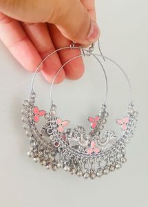 Boho Silver Hoop Earrings with Pink Accents