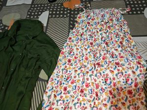 Floral Print Maxi Dress &amp; Green Shirt