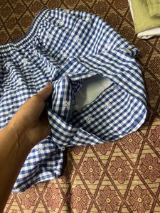 Blue Checkered Shorts with White Embroidery