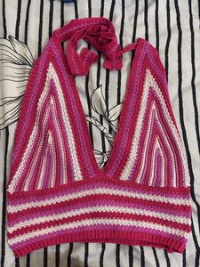 Pink Striped Halter Neck Crop Top