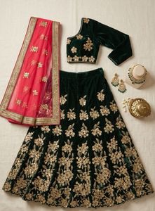 Green Velvet Lehenga Choli Set