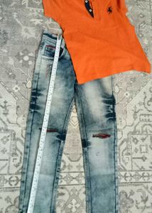 Orange Polo Tee & Distressed Jeans Set