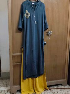 Teal Kurti with Yellow Palazzo Pants