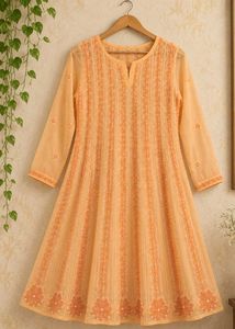 New Peach Embroidered Organza Anarkali Kurta – XL