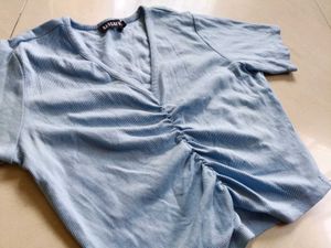 Cute Blue Ruched V-Neck Crop Top