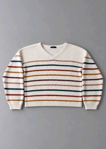 CREAM MULTI-COLOUR STRIPED V-NECK SWEATER