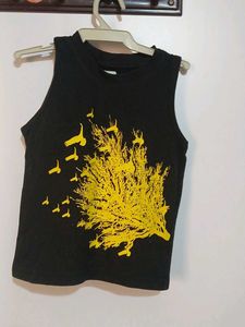 Black Sleeveless T-Shirt with Yellow Print