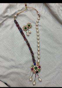 Elegant Pearl & Kundan navratna Necklace Set