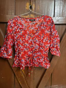 Chic Red Floral Print Peplum Top