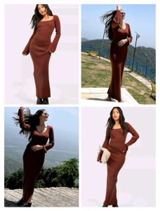 Brown Ribbed Bell Sleeve Maxi Dress