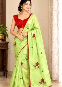 Elegant Lime Green Embroidered Silk Saree