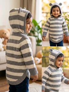 Cute Baby Striped Knitted Hoodie Sweater with Bear
