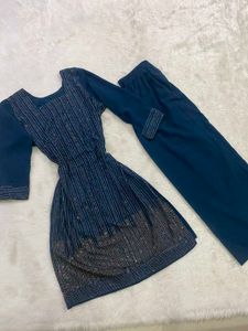 Teal Blue Rhinestone Work Kurti &amp; Parallel Trouser