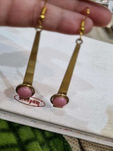 Gold Tone Drop Earrings with Pink Stones