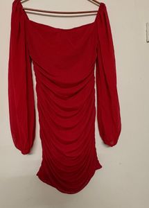 Chic Red Ruched Long Sleeve Dress